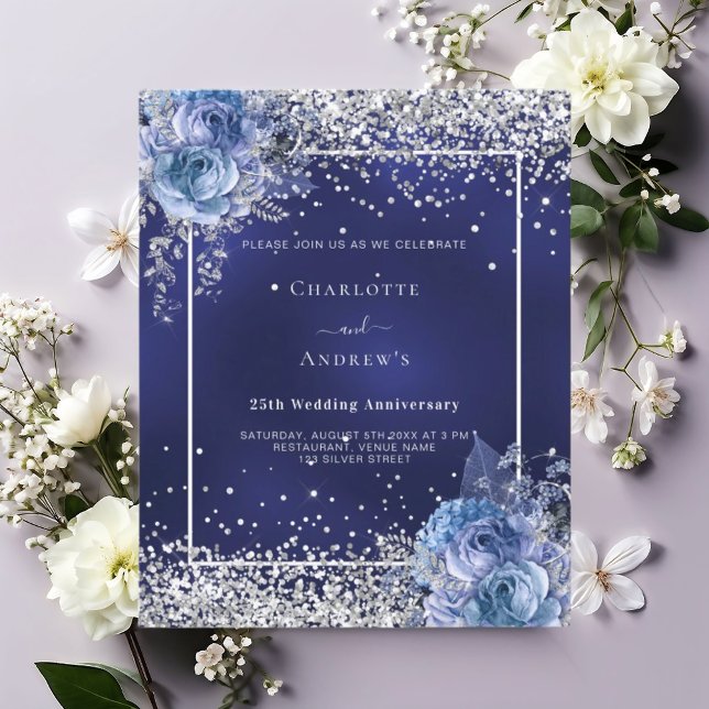 Blue florals silver 25th wedding invitation (Creator Uploaded)