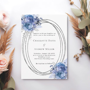 Blue florals silver frame wedding invitation