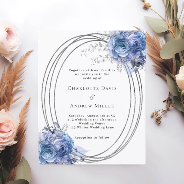 Blue florals silver frame wedding invitation (Creator Uploaded)