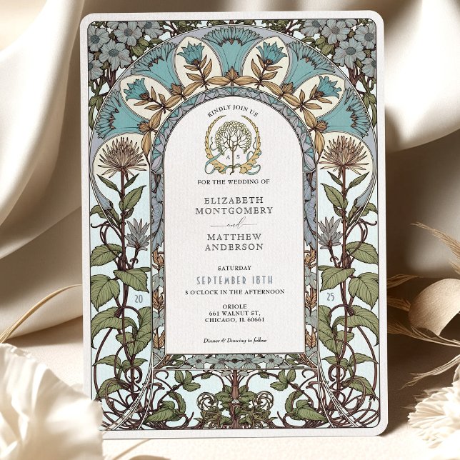 Blue Florals & Subtle Elegance Art Nouveau Wedding Invitation (Creator Uploaded)