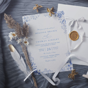 Blue Florals Vintage Minimalist QR Code Wedding Invitation