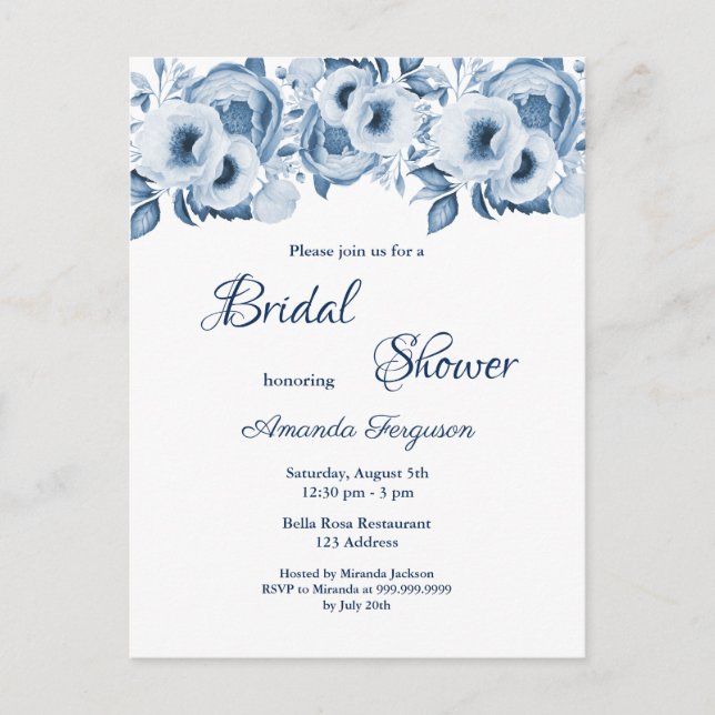 Blue florals white bridal shower invitation postcard (Front)