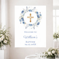 Blue florals wreath boy Baptism welcome