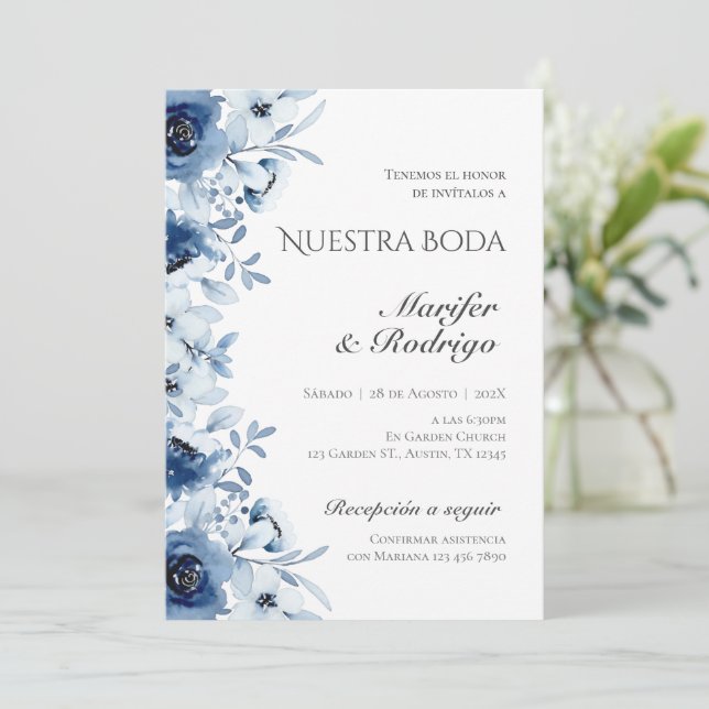 Blue Flores wedding invitation (Standing Front)