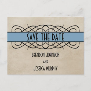 Blue Flourish Border Save the Date Postcard