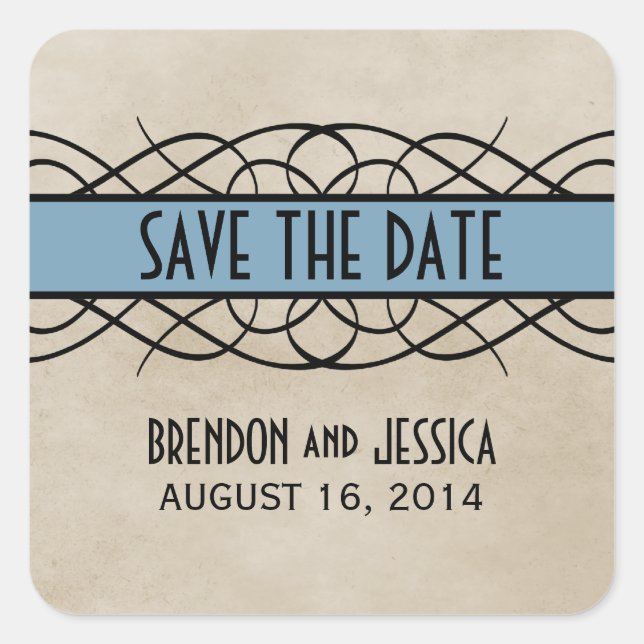 Blue Flourish Border Save the Date Stickers (Front)