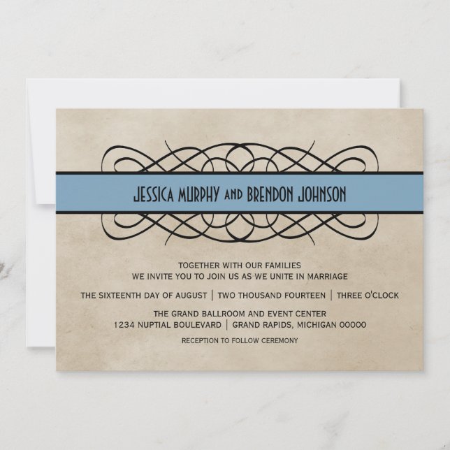 Blue Flourish Border Wedding Invitation (Front)