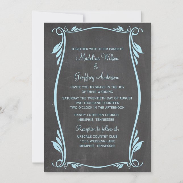 Blue Flourish Chalkboard Wedding Invite (Front)