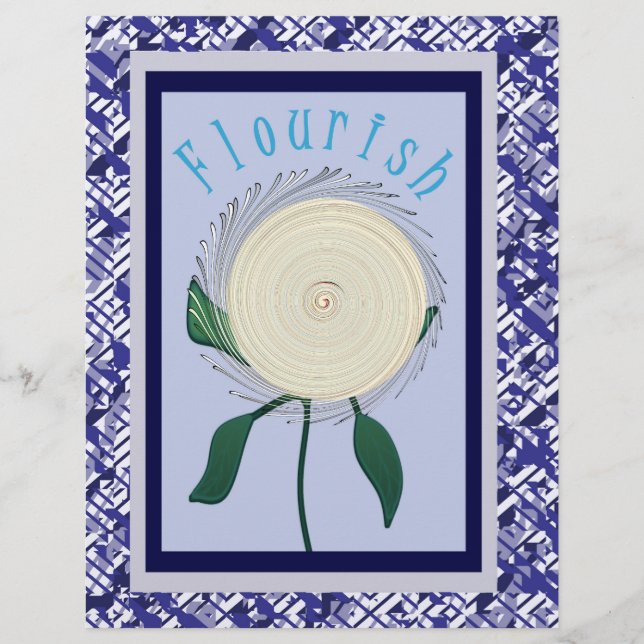 Blue Flourish Flower Scrapbook Paper 2-Sided Page (Front)