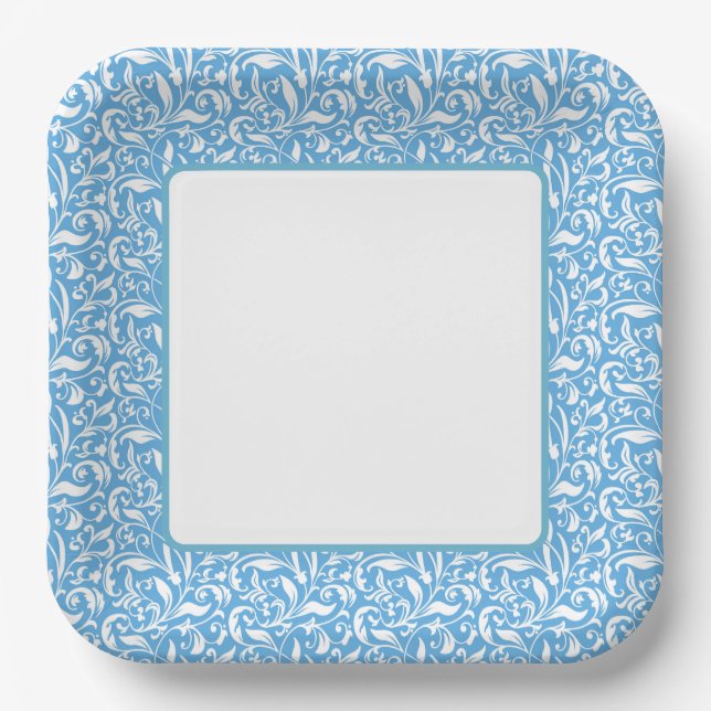 Blue Flourish Print Paper Plate (Front)