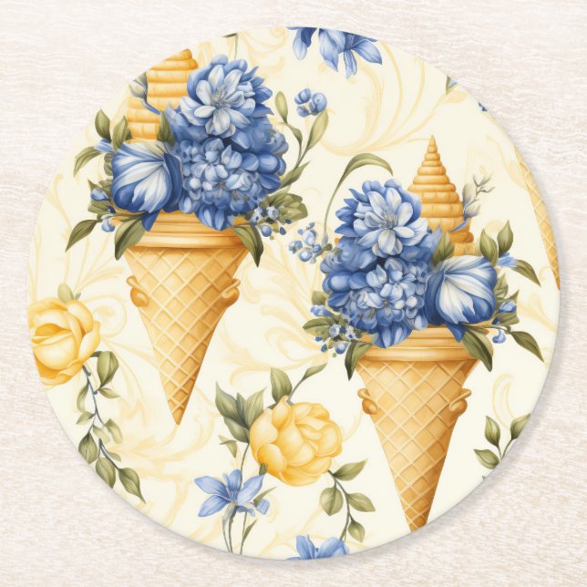 Blue Flower and Ice Cream  Round Paper Coaster (Front)