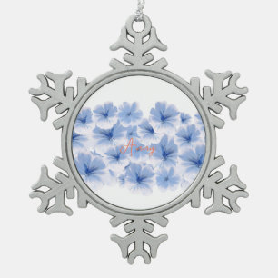 Blue flower art watercolor painting snowflake pewter christmas ornament
