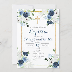 Blue flower baptism invitation for boy 