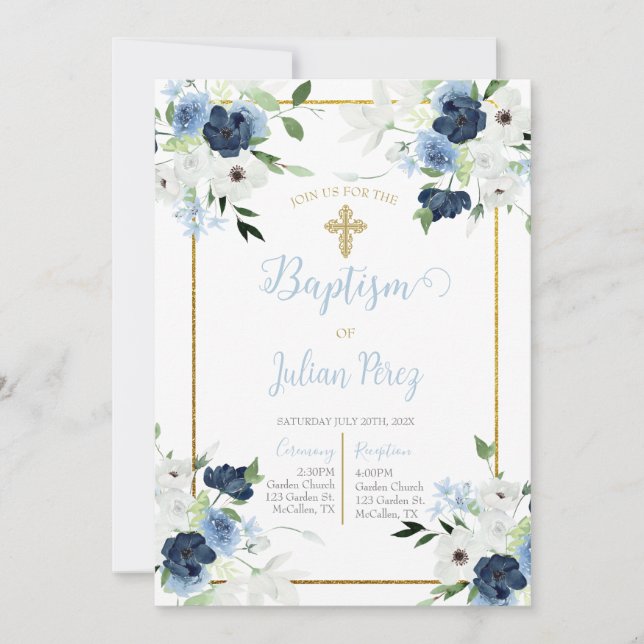 Blue flower baptism invitation for boy  (Front)