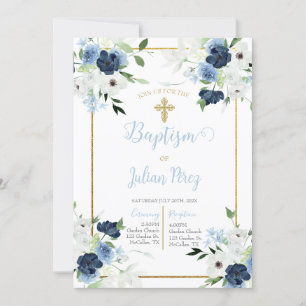 Blue flower baptism invitation for boy 