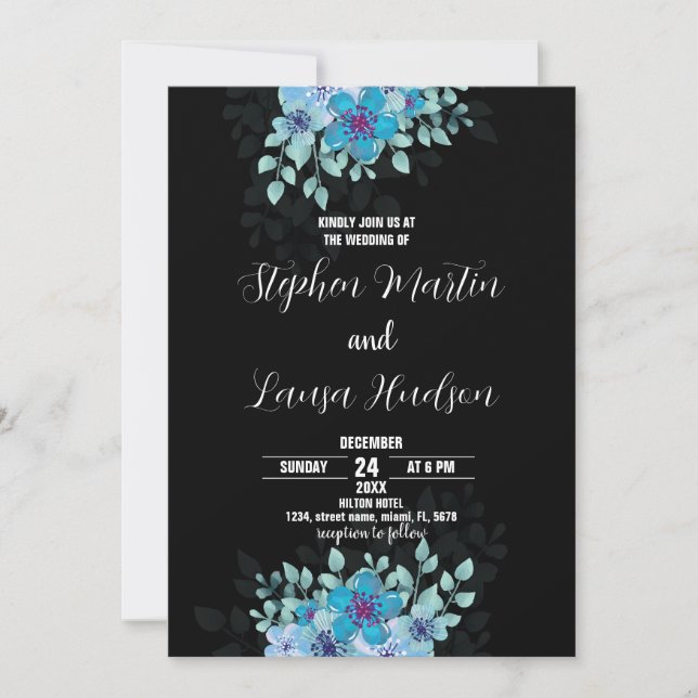 Blue Flower Black Wedding Invitations (Front)