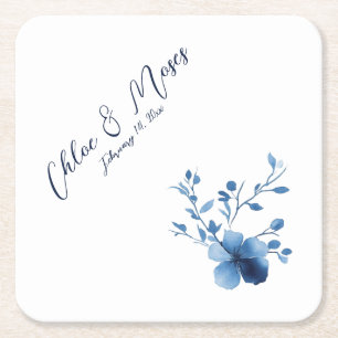 Blue, Flower Blossom, small, Square Paper Coaster