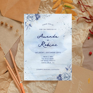 Blue Flower Blush Wedding Invitation