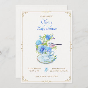 Blue flower bouquet bird baby shower invitation