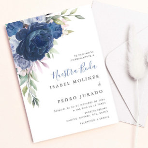 Blue Flower Bouquet Nuestra Boda Spanish Wedding Invitation
