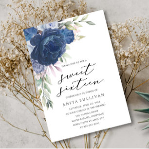 Blue Flower Bouquet Sweet Sixteen 16 Birthday Invitation