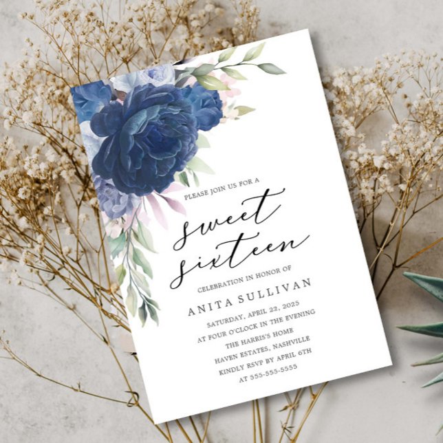 Blue Flower Bouquet Sweet Sixteen 16 Birthday Invitation (Creator Uploaded)