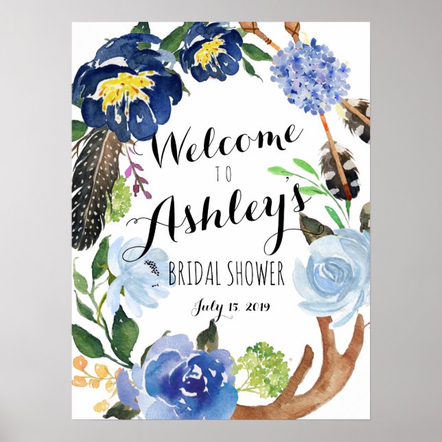 Blue FLower boy shower welcome sign (Front)