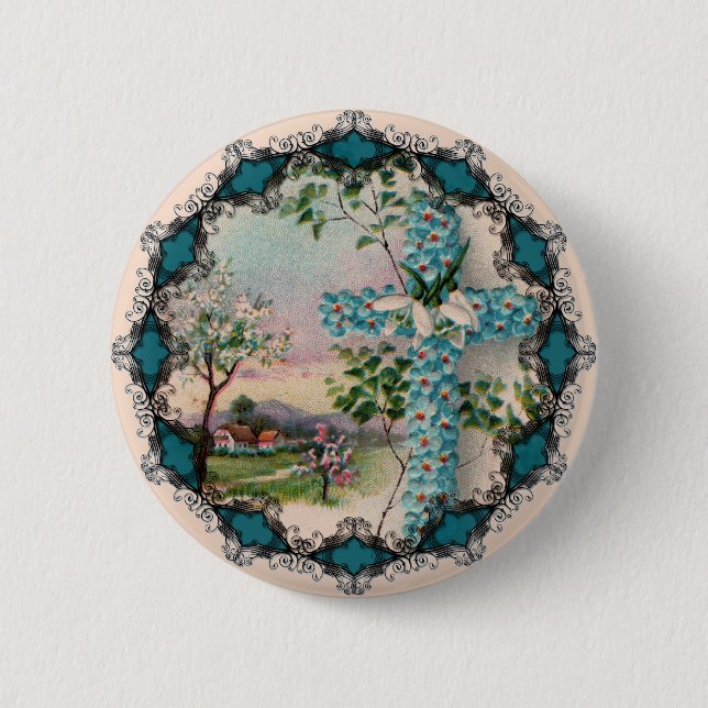 Blue Flower Cross Easter Button (Front)