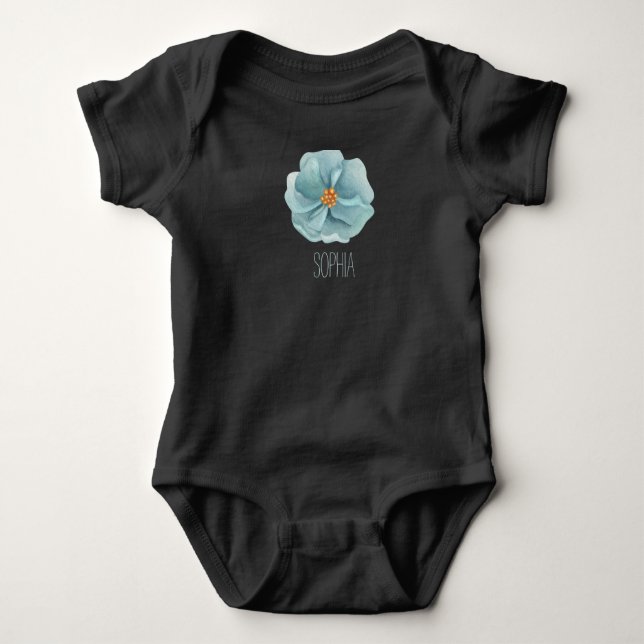 Blue flower, custom black baby girl bodysuit (Front)