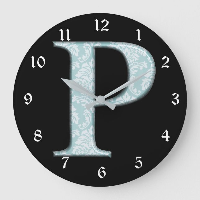 Blue Flower Damask Monogram Initial P Design Clock (Front)