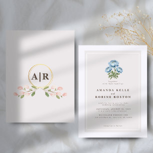 Blue Flower Elegant Initials Wedding Invitation