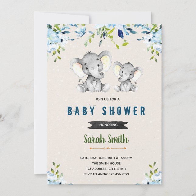 Blue flower elephant theme invitation (Front)