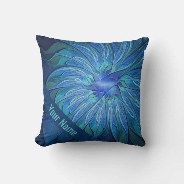 Blue Flower Fantasy Pattern, Abstract Art Name Cushion (Front)