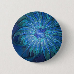 Blue Flower Fantasy Pattern, Abstract Fractal Art 6 Cm Round Badge