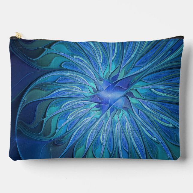 Blue Flower Fantasy Pattern, Abstract Fractal Art Accessory Pouch (Front)