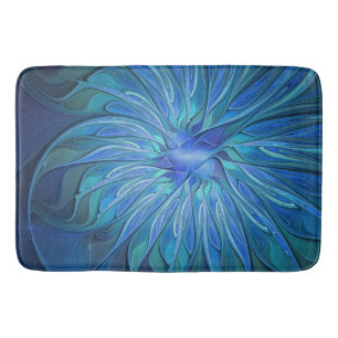 Blue Flower Fantasy Pattern, Abstract Fractal Art Bath Mat