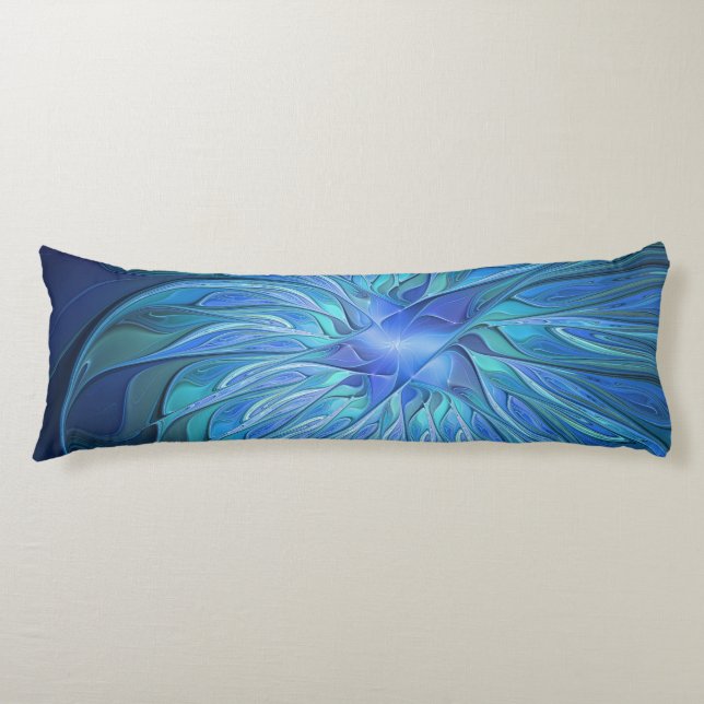 Blue Flower Fantasy Pattern, Abstract Fractal Art Body Cushion (Front)
