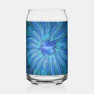 Blue Flower Fantasy Pattern, Abstract Fractal Art Can Glass