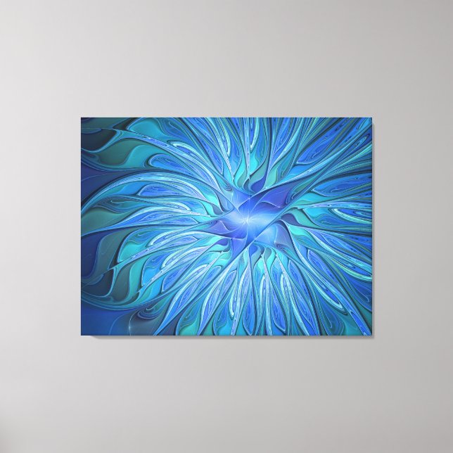 Blue Flower Fantasy Pattern, Abstract Fractal Art Canvas Print (Front)