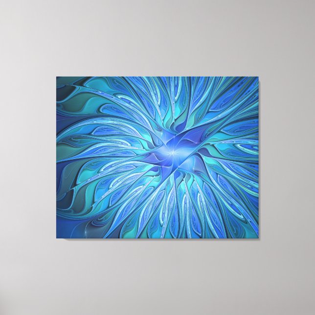 Blue Flower Fantasy Pattern, Abstract Fractal Art Canvas Print (Front)