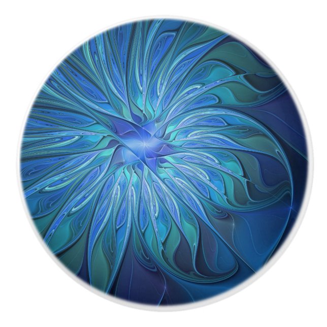 Blue Flower Fantasy Pattern, Abstract Fractal Art Ceramic Knob (Front)