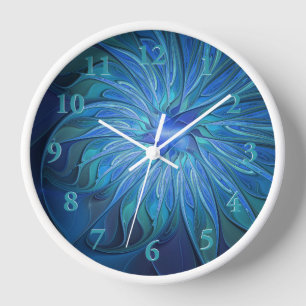 Blue Flower Fantasy Pattern, Abstract Fractal Art Clock