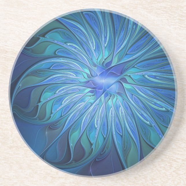 Blue Flower Fantasy Pattern, Abstract Fractal Art Coaster (Front)