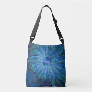 Blue Flower Fantasy Pattern, Abstract Fractal Art Crossbody Bag