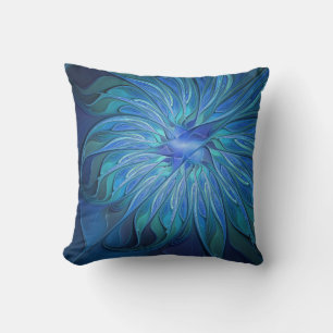 Blue Flower Fantasy Pattern, Abstract Fractal Art Cushion