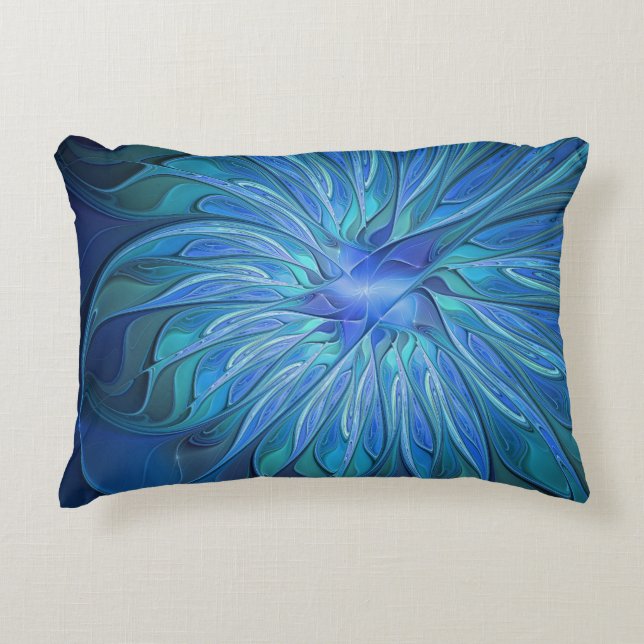 Blue Flower Fantasy Pattern, Abstract Fractal Art Decorative Cushion (Front)