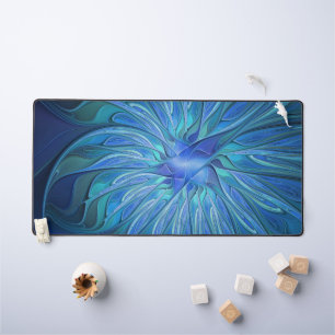 Blue Flower Fantasy Pattern, Abstract Fractal Art Desk Mat