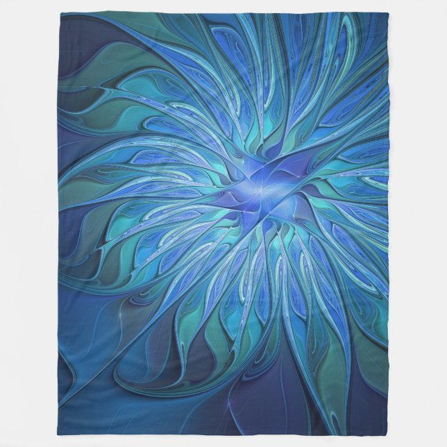 Blue Flower Fantasy Pattern, Abstract Fractal Art Fleece Blanket (Front)