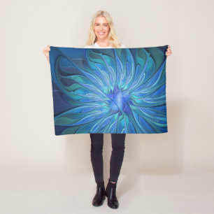 Blue Flower Fantasy Pattern, Abstract Fractal Art Fleece Blanket
