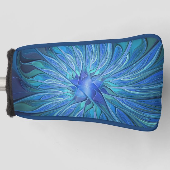 Blue Flower Fantasy Pattern, Abstract Fractal Art Golf Head Cover (Front)